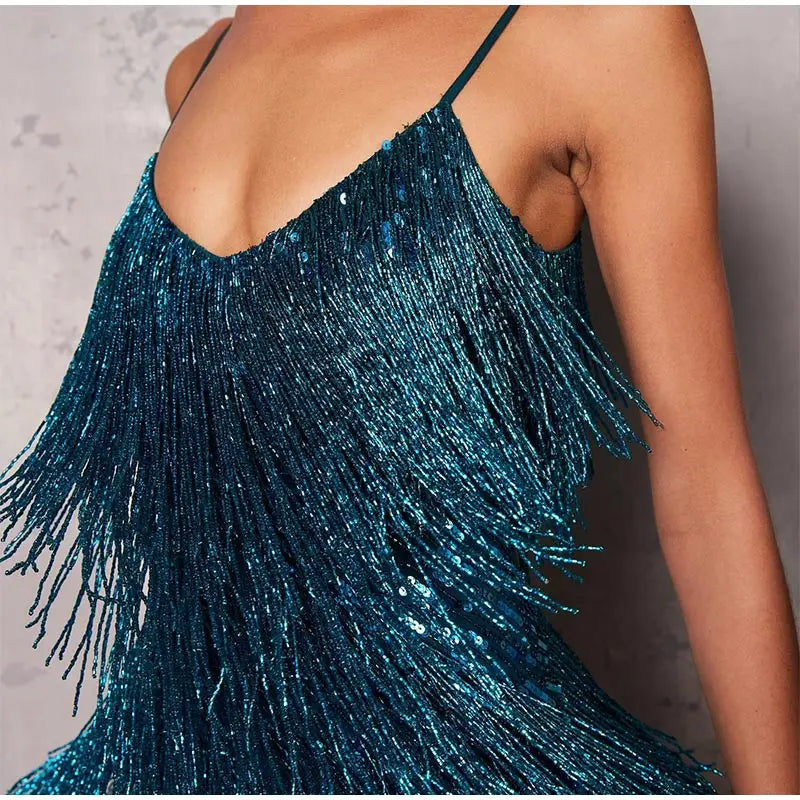 "Women’s Sexy Tassel Sequins Feather Mini Dress – Spaghetti Strap Party Club Evening Dress, WomenClothing" - Faith Affinity