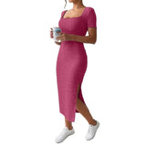 Women’s Summer Square Neck Knitted Slit Dress - Hip-Hugging Mid-Length Skirt with Short Sleeves, Versatile Fashion - Faith Affinity