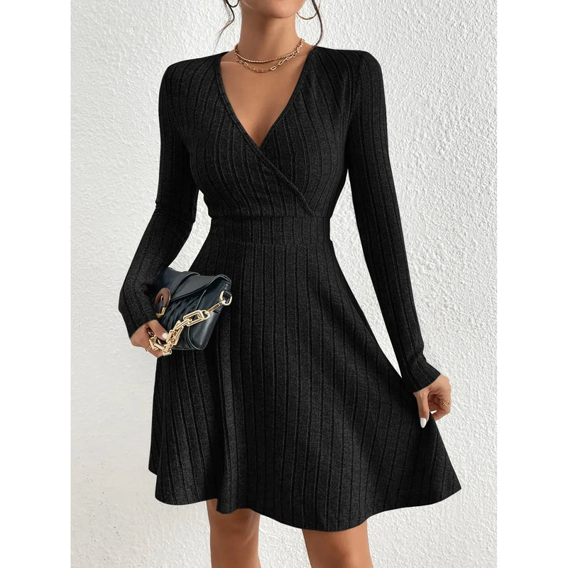 "Women’s Knit Bodycon Dress – V-Neck Long Sleeve Slim Fit Casual Midi Sweater Dress for Autumn Winter 2025" - Faith Affinity