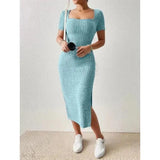 Women’s Summer Square Neck Knitted Slit Dress - Hip-Hugging Mid-Length Skirt with Short Sleeves, Versatile Fashion - Faith Affinity
