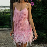"Women’s Sexy Tassel Sequins Feather Mini Dress – Spaghetti Strap Party Club Evening Dress, WomenClothing" - Faith Affinity