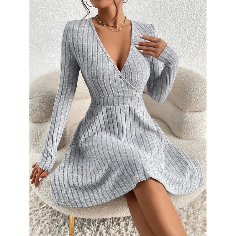 "Women’s Knit Bodycon Dress – V-Neck Long Sleeve Slim Fit Casual Midi Sweater Dress for Autumn Winter 2025" - Faith Affinity