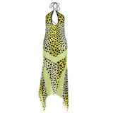 "Weird Puss Leopard-Print Halter Dress for Women - Sexy Backless Chiffon Patchwork, Two-Way Wear Irregular Hem Bodycon Summer Dress" - Faith Affinity