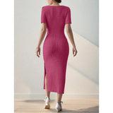 Women’s Summer Square Neck Knitted Slit Dress - Hip-Hugging Mid-Length Skirt with Short Sleeves, Versatile Fashion - Faith Affinity