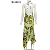 "Weird Puss Leopard-Print Halter Dress for Women - Sexy Backless Chiffon Patchwork, Two-Way Wear Irregular Hem Bodycon Summer Dress" - Faith Affinity