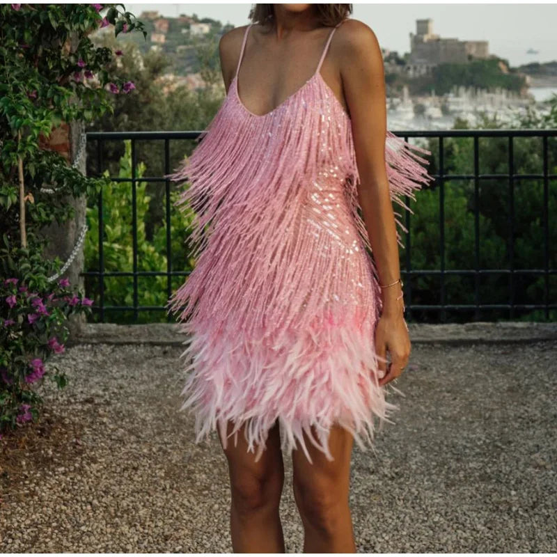 "Women’s Sexy Tassel Sequins Feather Mini Dress – Spaghetti Strap Party Club Evening Dress, WomenClothing" - Faith Affinity