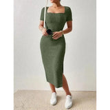 Women’s Summer Square Neck Knitted Slit Dress - Hip-Hugging Mid-Length Skirt with Short Sleeves, Versatile Fashion - Faith Affinity