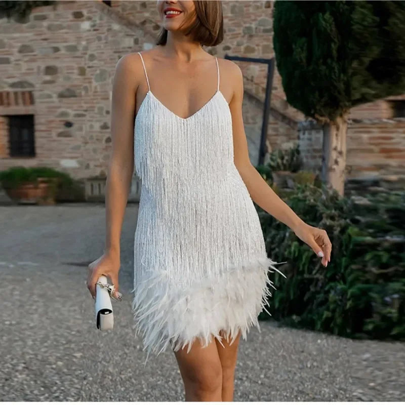 "Women’s Sexy Tassel Sequins Feather Mini Dress – Spaghetti Strap Party Club Evening Dress, WomenClothing" - Faith Affinity