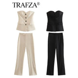 "TRAFZA Women’s Elegant Solid Pant Suit - Front Button Strapless Sexy Tank Top & Side Slit Trouser, Fashion Streetwear Set" - Faith Affinity