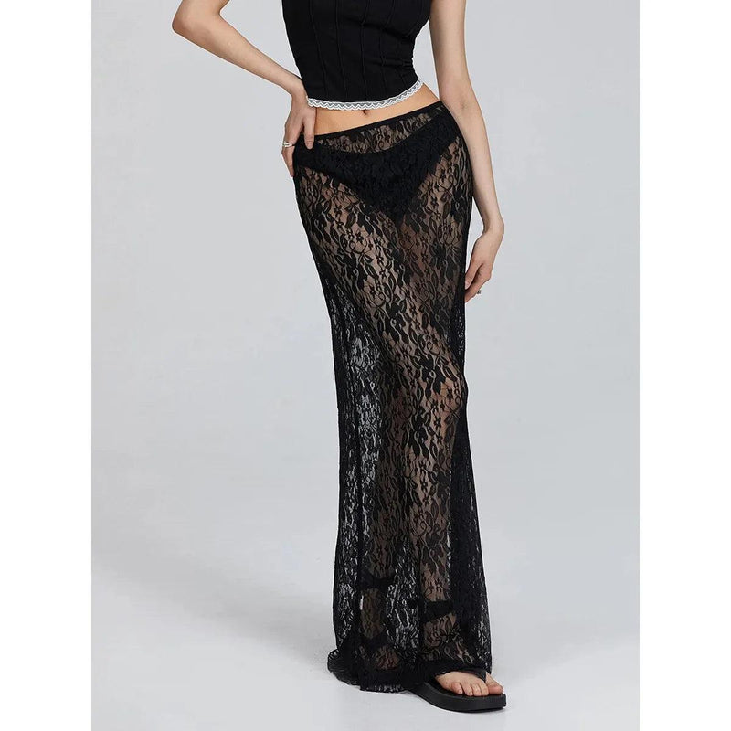 Women’s Lace A-Line Midi Skirt – Low Rise Y2K Summer Beach Party Maxi Skirt, Elegant & Trendy Fashion - Faith Affinity