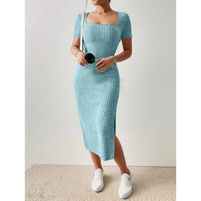 Women’s Summer Square Neck Knitted Slit Dress - Hip-Hugging Mid-Length Skirt with Short Sleeves, Versatile Fashion - Faith Affinity