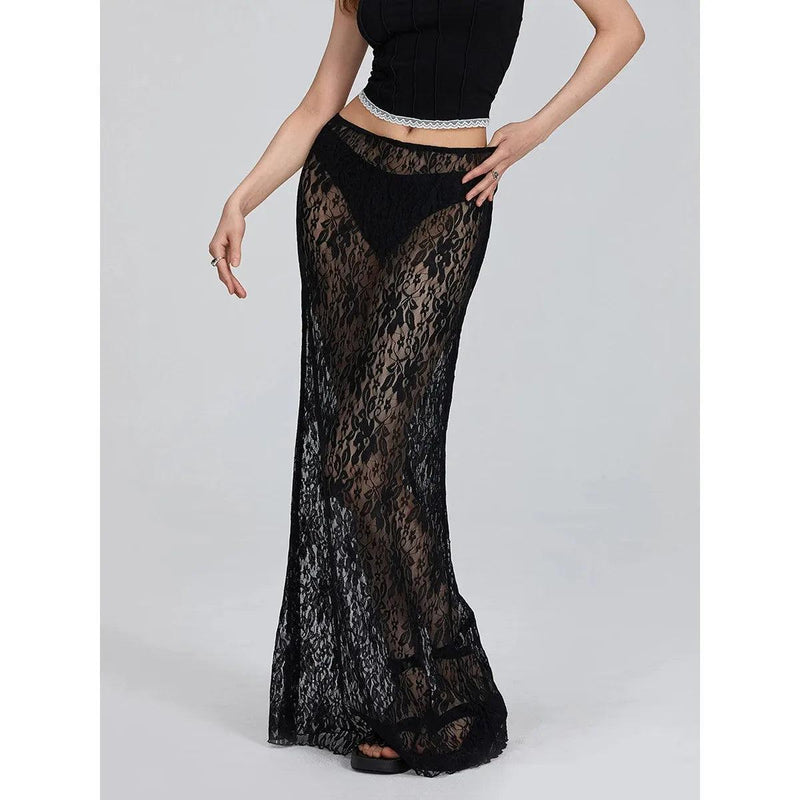 Women’s Lace A-Line Midi Skirt – Low Rise Y2K Summer Beach Party Maxi Skirt, Elegant & Trendy Fashion - Faith Affinity