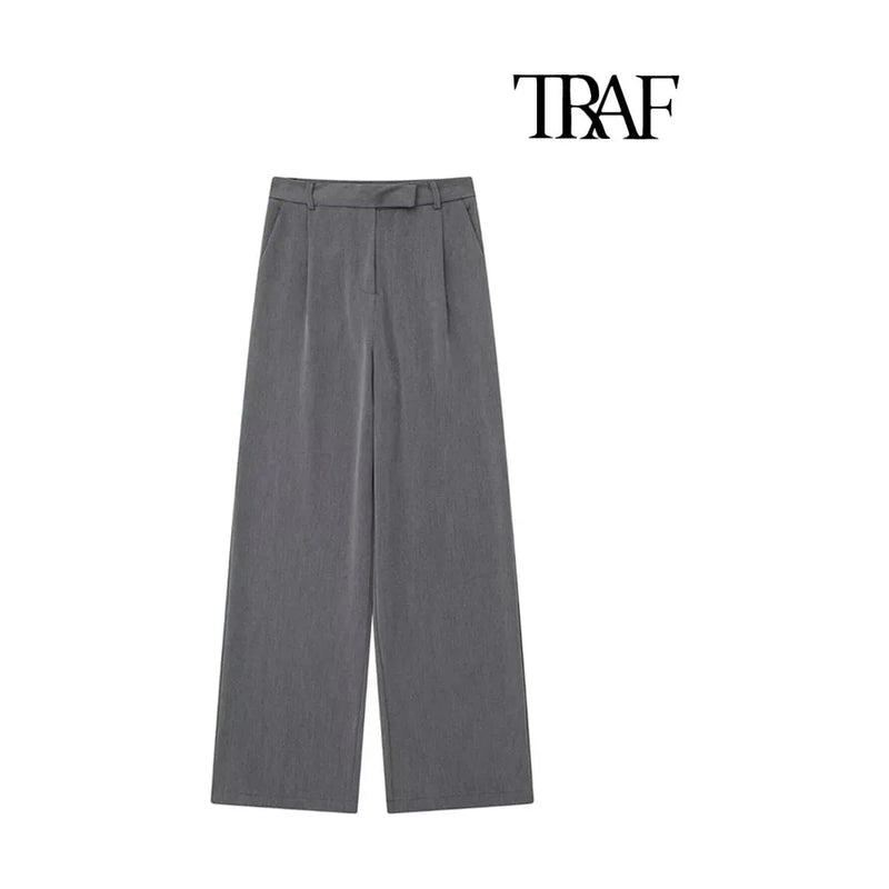 "TRAF Women's Vintage High Waist Wide Leg Pants with Front Darts & Pockets - Zipper Fly, Fashion Female Trousers" - Faith Affinity