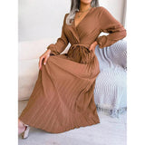Women Elegant V Neck Long Sleeve Pleated Maxi Dress - Faith Affinity