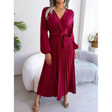Women Elegant V Neck Long Sleeve Pleated Maxi Dress - Faith Affinity