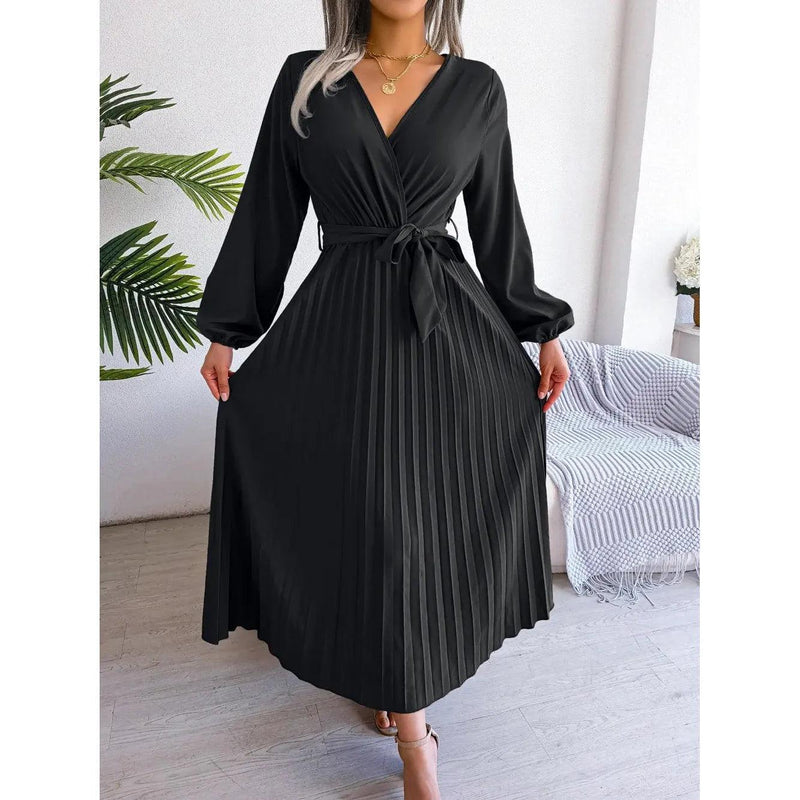 Women Elegant V Neck Long Sleeve Pleated Maxi Dress - Faith Affinity