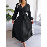 Women Elegant V Neck Long Sleeve Pleated Maxi Dress - Faith Affinity