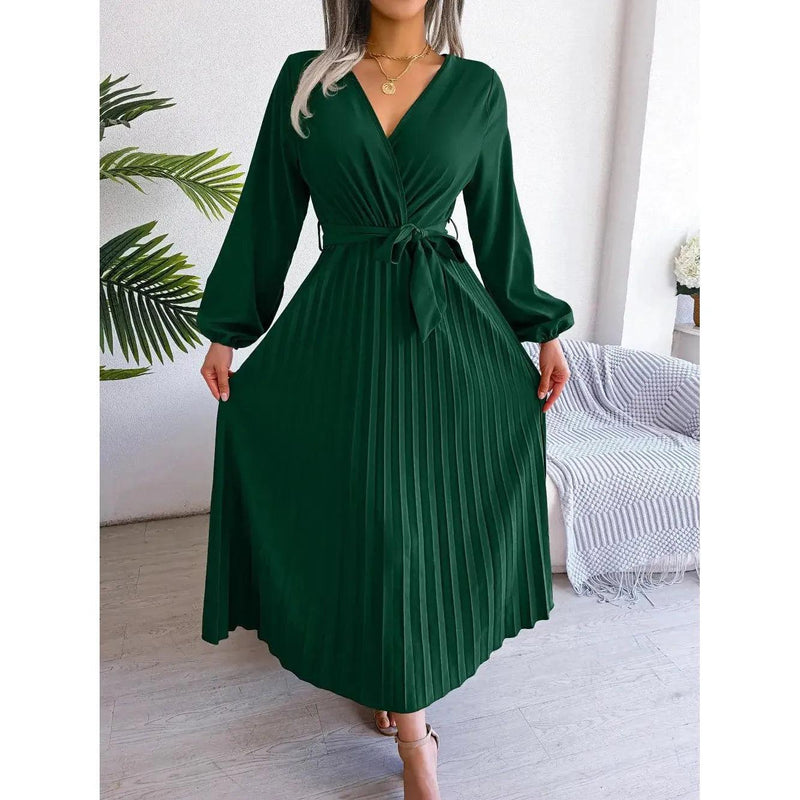 Women Elegant V Neck Long Sleeve Pleated Maxi Dress - Faith Affinity