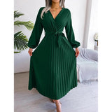 Women Elegant V Neck Long Sleeve Pleated Maxi Dress - Faith Affinity