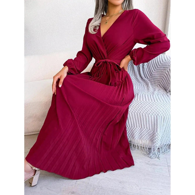 Women Elegant V Neck Long Sleeve Pleated Maxi Dress - Faith Affinity