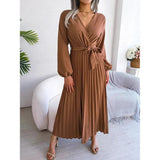 Women Elegant V Neck Long Sleeve Pleated Maxi Dress - Faith Affinity