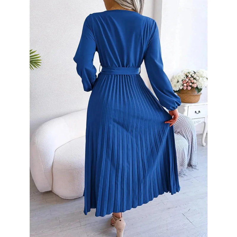 Women Elegant V Neck Long Sleeve Pleated Maxi Dress - Faith Affinity