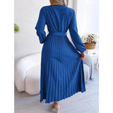 Women Elegant V Neck Long Sleeve Pleated Maxi Dress - Faith Affinity