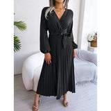 Women Elegant V Neck Long Sleeve Pleated Maxi Dress - Faith Affinity