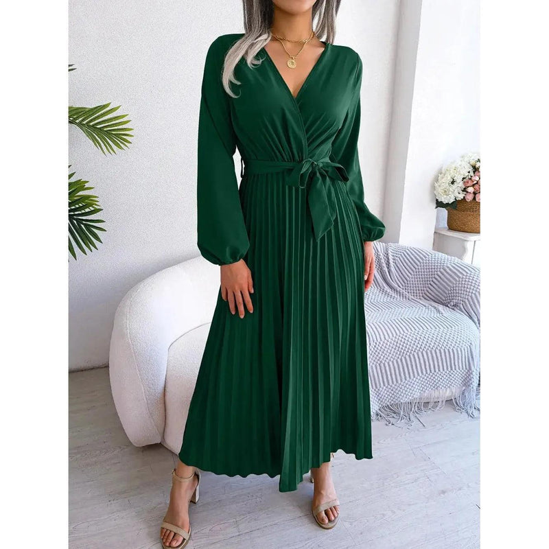 Women Elegant V Neck Long Sleeve Pleated Maxi Dress - Faith Affinity