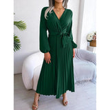 Women Elegant V Neck Long Sleeve Pleated Maxi Dress - Faith Affinity