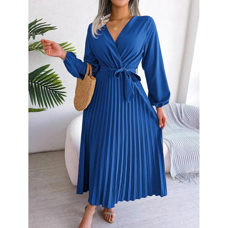 Women Elegant V Neck Long Sleeve Pleated Maxi Dress - Faith Affinity