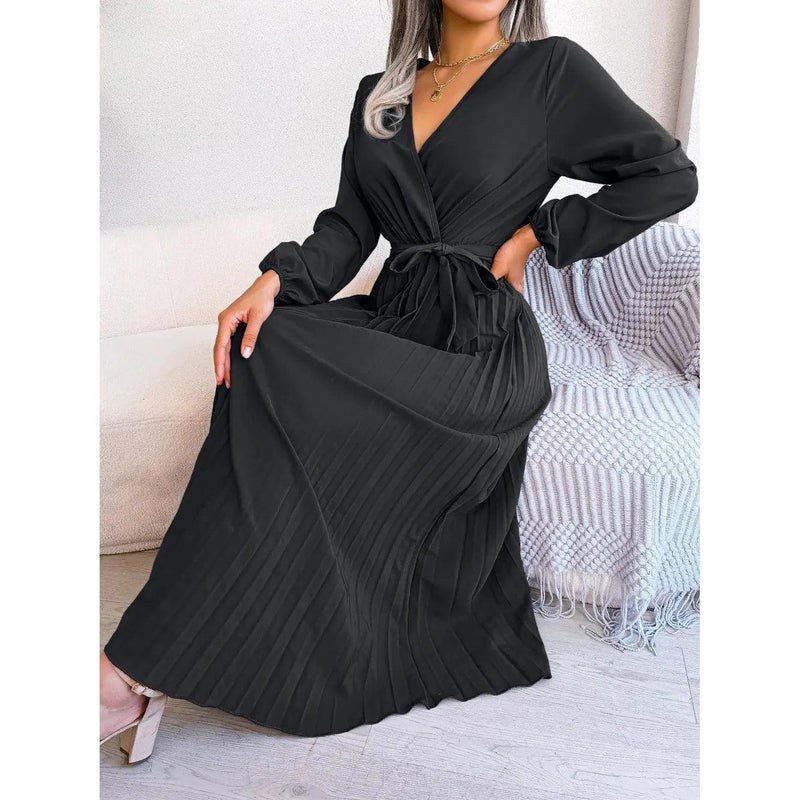 Women Elegant V Neck Long Sleeve Pleated Maxi Dress - Faith Affinity