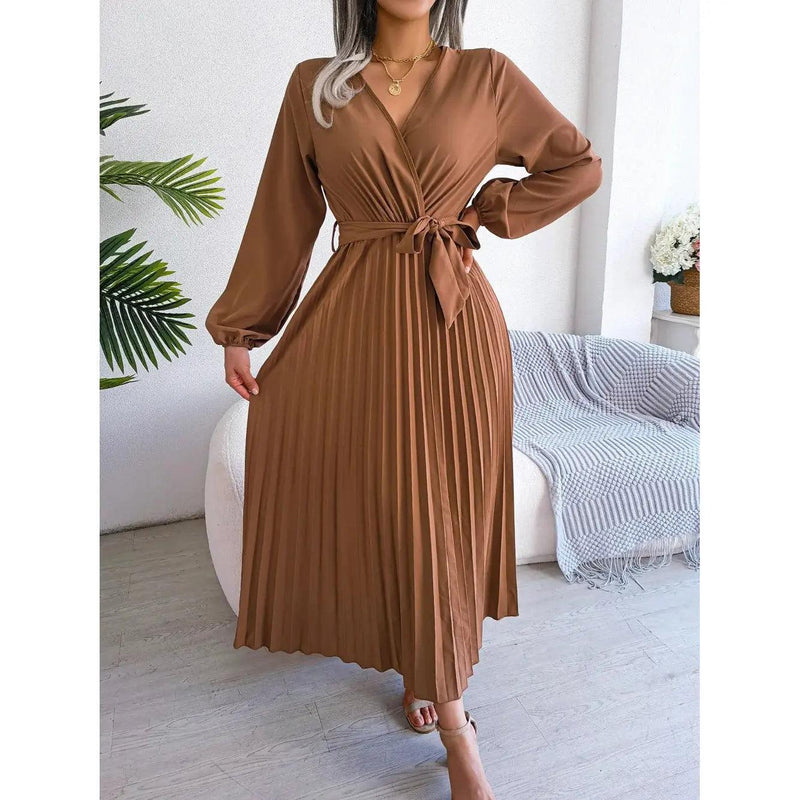 Women Elegant V Neck Long Sleeve Pleated Maxi Dress - Faith Affinity