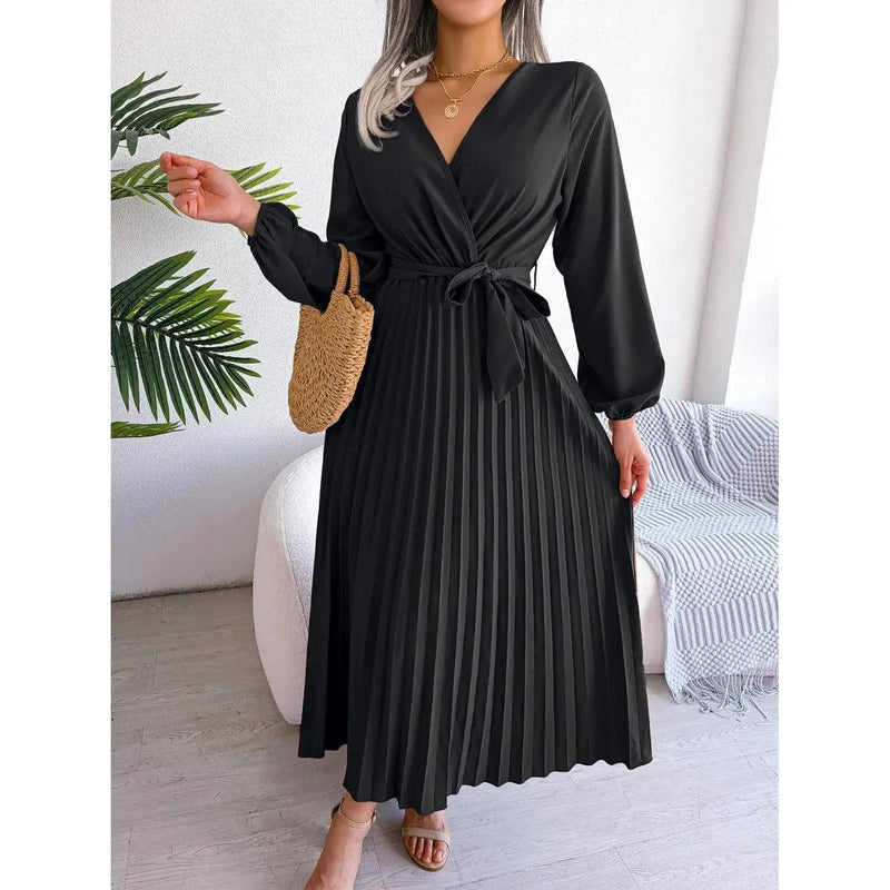 Women Elegant V Neck Long Sleeve Pleated Maxi Dress - Faith Affinity