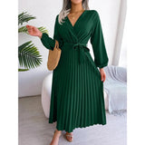 Women Elegant V Neck Long Sleeve Pleated Maxi Dress - Faith Affinity