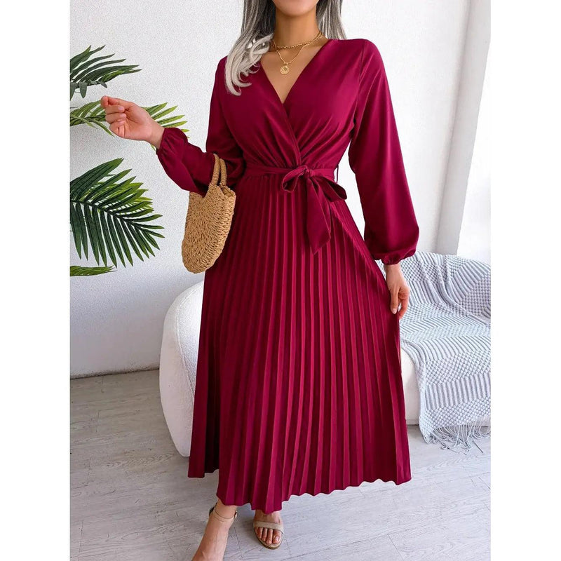 Women Elegant V Neck Long Sleeve Pleated Maxi Dress - Faith Affinity