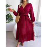 Women Elegant V Neck Long Sleeve Pleated Maxi Dress - Faith Affinity