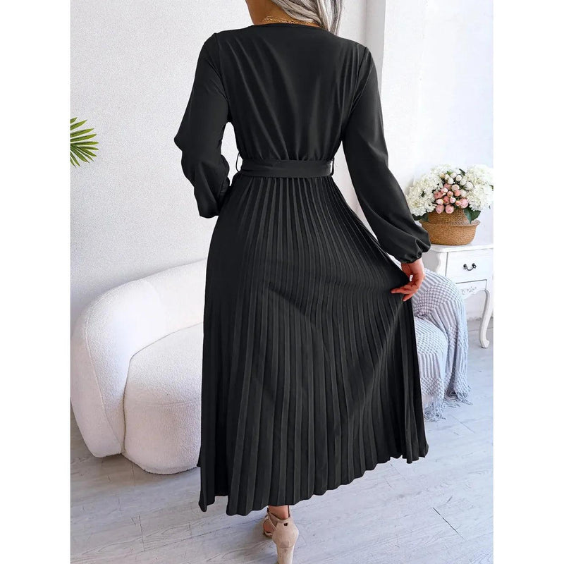 Women Elegant V Neck Long Sleeve Pleated Maxi Dress - Faith Affinity