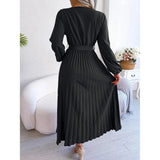 Women Elegant V Neck Long Sleeve Pleated Maxi Dress - Faith Affinity