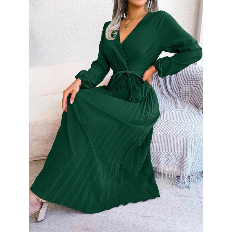 Women Elegant V Neck Long Sleeve Pleated Maxi Dress - Faith Affinity