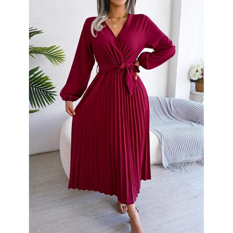 Women Elegant V Neck Long Sleeve Pleated Maxi Dress - Faith Affinity