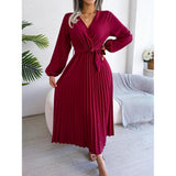Women Elegant V Neck Long Sleeve Pleated Maxi Dress - Faith Affinity