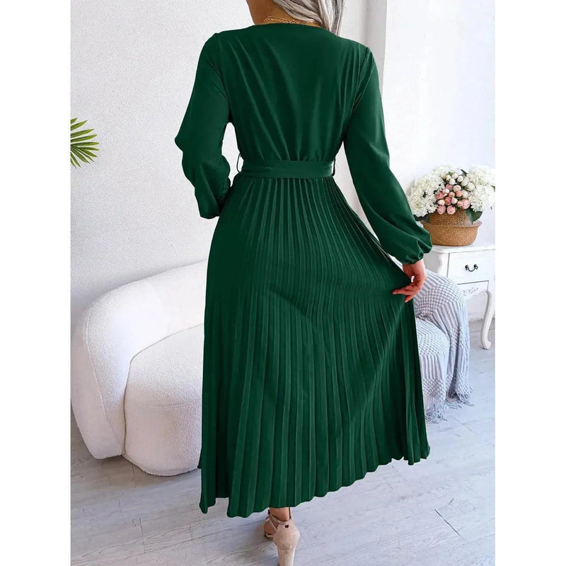 Women Elegant V Neck Long Sleeve Pleated Maxi Dress - Faith Affinity