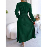 Women Elegant V Neck Long Sleeve Pleated Maxi Dress - Faith Affinity