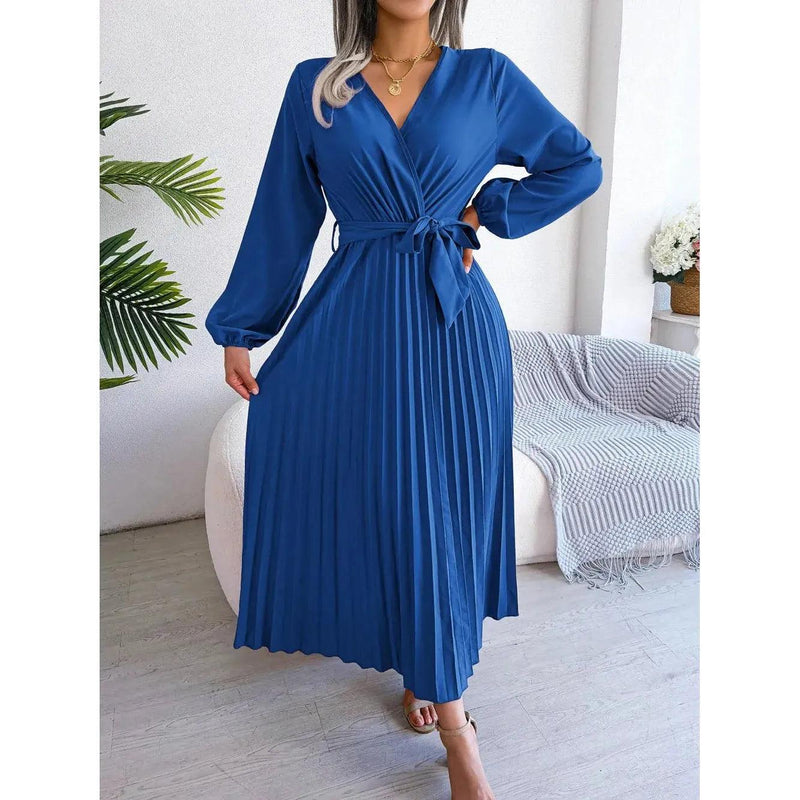 Women Elegant V Neck Long Sleeve Pleated Maxi Dress - Faith Affinity