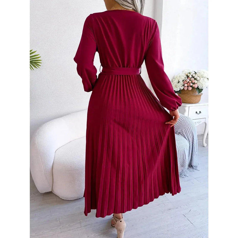 Women Elegant V Neck Long Sleeve Pleated Maxi Dress - Faith Affinity