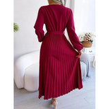 Women Elegant V Neck Long Sleeve Pleated Maxi Dress - Faith Affinity