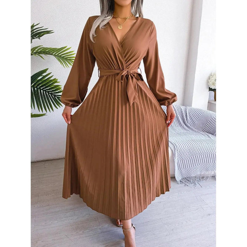 Women Elegant V Neck Long Sleeve Pleated Maxi Dress - Faith Affinity