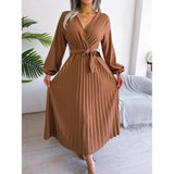 Women Elegant V Neck Long Sleeve Pleated Maxi Dress - Faith Affinity