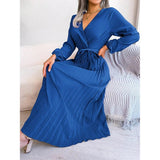 Women Elegant V Neck Long Sleeve Pleated Maxi Dress - Faith Affinity